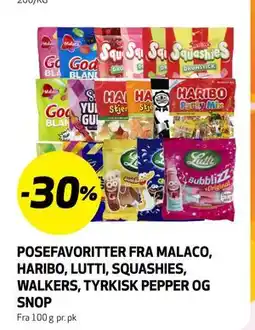Bunnpris POSEFAVORITTER FRA MALACO, HARIBO, LUTTI, SQUASHIES, WALKERS, TYRKISK PEPPER OG SNOP tilbud