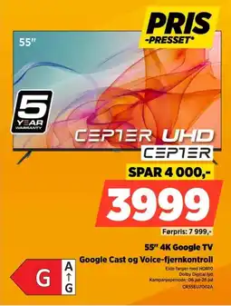 POWER Cepter 55" 4K Google TV Google Cast og Voice-fjernkontroll tilbud