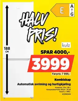 POWER Kulz Kombiskap Automatisk avriming og hurtigkjøling tilbud