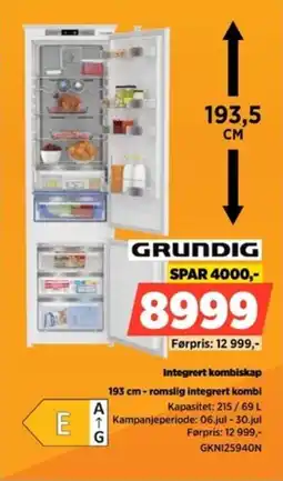 POWER Grundig Integrert kombiskap 193 cm-romslig integrert kombi tilbud