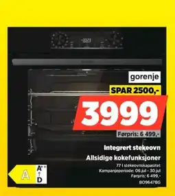 POWER Gorenje Integrert stekeovn Allsidige kokefunksjoner tilbud