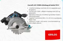 Clas Ohlson Cocraft LXC CS165 sirkelsag på batteri 18 V tilbud