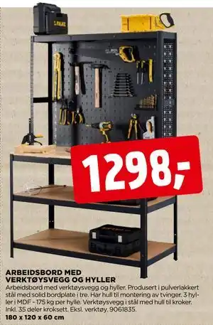 jem & fix ARBEIDSBORD MED VERKTØYSVEGG OG HYLLER tilbud