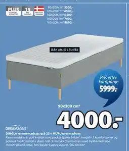 JYSK DREAMZONE DINGLA rammemadrass grå-23 + MURU overmadrass tilbud