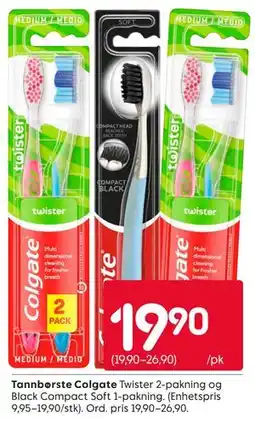 Rusta Tannbørste Colgate Twister 2-pakning og Black Compact Soft 1-pakning tilbud