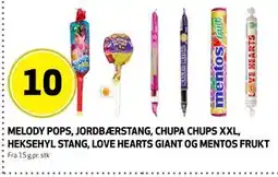 Bunnpris MELODY POPS, JORDBÆRSTANG, CHUPA CHUPS XXL, HEKSEHYL STANG, LOVE HEARTS GIANT OG MENTOS FRUKT tilbud