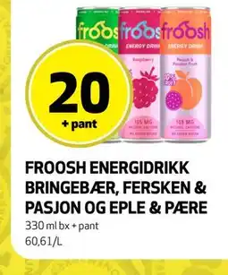 Bunnpris FROOSH ENERGIDRIKK BRINGEBÆR, FERSKEN & PASJON OG EPLE & PÆRE tilbud