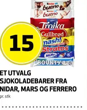 Bunnpris ET UTVALG SJOKOLADEBARER FRA NIDAR, MARS OG FERRERO tilbud