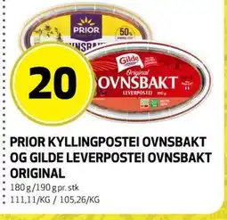 Bunnpris PRIOR KYLLINGPOSTEI OVNSBAKT OG GILDE LEVERPOSTEI OVNSBAKT ORIGINAL tilbud