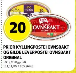 Bunnpris PRIOR KYLLINGPOSTEI OVNSBAKT OG GILDE LEVERPOSTEI OVNSBAKT ORIGINAL tilbud