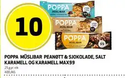 Bunnpris POPPA MÜSLIBAR PEANØTT & SJOKOLADE, SALT KARAMELL OG KARAMELL MAX99 tilbud