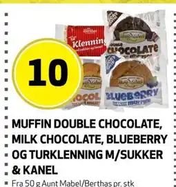 Bunnpris MUFFIN DOUBLE CHOCOLATE, MILK CHOCOLATE, BLUEBERRY OG TURKLENNING M/SUKKER & KANEL tilbud