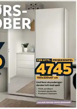 Megaflis Lind Nest skyvedørsgarderobe hvit med speil tilbud