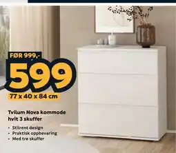 Megaflis Tvilum Nova kommode hvit 3 skuffer tilbud