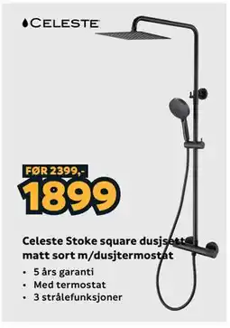 Megaflis Celeste Stoke square dusjsett matt sort m/dusjtermostat tilbud