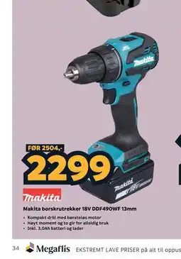 Megaflis Makita borskrutrekker 18V DDF490WF 13mm tilbud