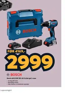Megaflis Bosch drill GSR 18V-65 2x2ah gal l-case tilbud