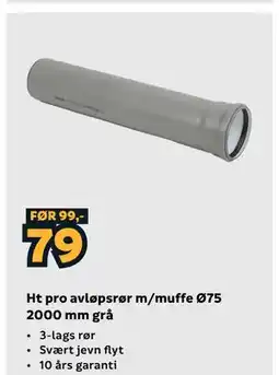 Megaflis Ht pro avløpsrør m/muffe ø75 2000 mm grå tilbud