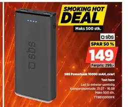 POWER SBS Powerbank 10000 mAH, svart tilbud