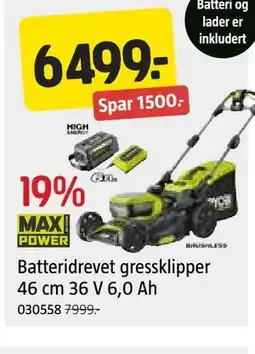 Jula Batteridrevet gressklipper 46 cm 36 V 6,0 Ah tilbud