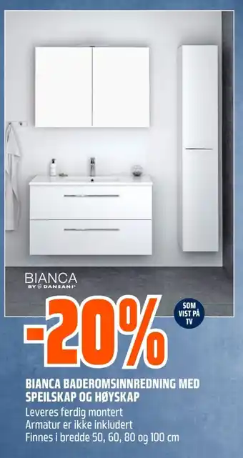 Bianca baderomsinnredning med speilskap og høyskap