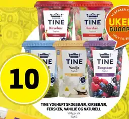Bunnpris Tine yoghurt skogsbær, kirsebær, fersken, vanilje og naturell tilbud