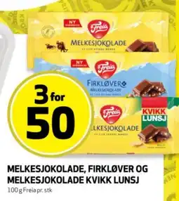 Bunnpris Freia Melkesjokolade, firkløver og melkesjokolade kvikk lunsj tilbud