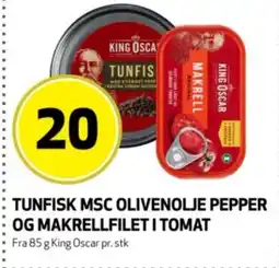 Bunnpris King Oscar Tunfisk msc olivenolje pepper og makrellfilet i tomat tilbud