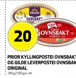 Bunnpris PRIOR KYLLINGPOSTEI OVNSBAKT OG GILDE LEVERPOSTEI OVNSBAKT ORIGINAL tilbud