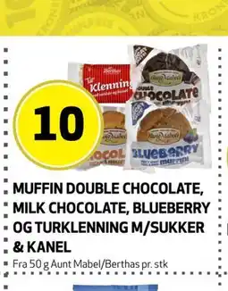Bunnpris MUFFIN DOUBLE CHOCOLATE, MILK CHOCOLATE, BLUEBERRY OG TYKKLEFSE M/SUKKER & KANEL tilbud