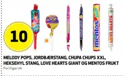 Bunnpris Melody pops, jordbærstang, Chupa Chups XXL, Heksehyl stang, love hearts giant og mentos frukt tilbud