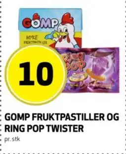 Bunnpris Gomp fruktpastiller og Ring pop twister tilbud