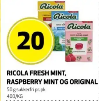 Bunnpris Ricola fresh mint, raspberry mint og original tilbud