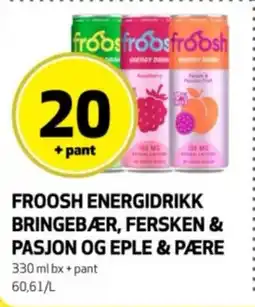 Bunnpris Froosh energidrikk bringebær, fersken & pasjon og eple & pære tilbud