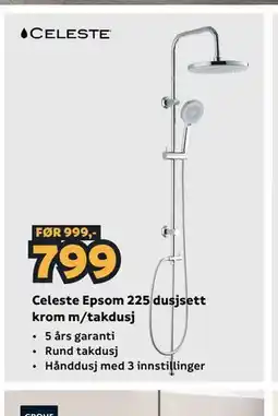 Megaflis Celeste Epsom 225 dusjsett krom m/takdusj tilbud
