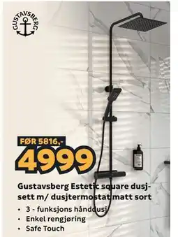 Megaflis Gustavsberg Estetic square dusjsett m/ dusjtermostat matt sort tilbud