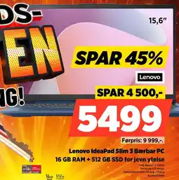 POWER Lenovo IdeaPad Slim 3 Bærbar PC 16 GB RAM + 512 GB SSD for jevn ytelse tilbud