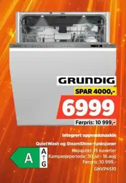 POWER Grundig Integrert oppvaskmaskin Quiet Wash og SteamShine-funksjoner GNVP4510 tilbud