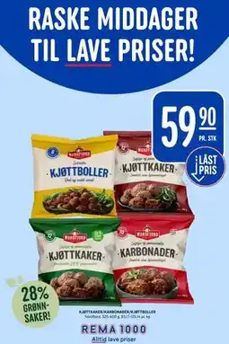 Rema 1000 KJØTTKAKER/KARBONADER/KJØTTBOLLER tilbud