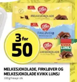 Bunnpris Freia melkesjokolade, firklover og melkesjokolade kvikk lunsj tilbud