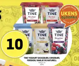 Bunnpris Tine yoghurt skogsbær, kirsebær, fersken, vanilje og naturell tilbud