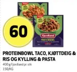 Bunnpris Fjordland Proteinbowl Taco, Kjøttdeig & Ris og Kylling & Pasta tilbud