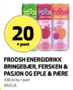 Bunnpris Froosh energidrikk bringebær, fersken & pasjon og eple & pære tilbud