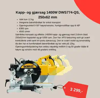 DeWalt kapp- og gjærsag 1400W DWS774-QS 250x62 mm