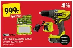 Jula RYOBI ONE+ Drill med bitssett og batteri 50 Nm 2,0 Ah 18 V tilbud
