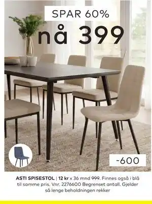 Skeidar ASTI SPISESTOL tilbud