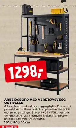 jem & fix ARBEIDSBORD MED VERKTØYSVEGG OG HYLLER tilbud