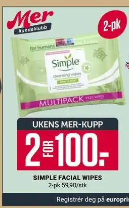 Europris SIMPLE FACIAL WIPES, App-pris tilbud