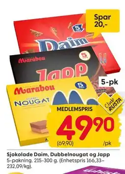 Rusta Sjokolade Daim, Dubbelnougat og Japp, Medlemspris tilbud
