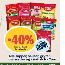 Coop Mega Alle supper, sauser, gryter, ovnsretter og asiatisk fra Toro tilbud